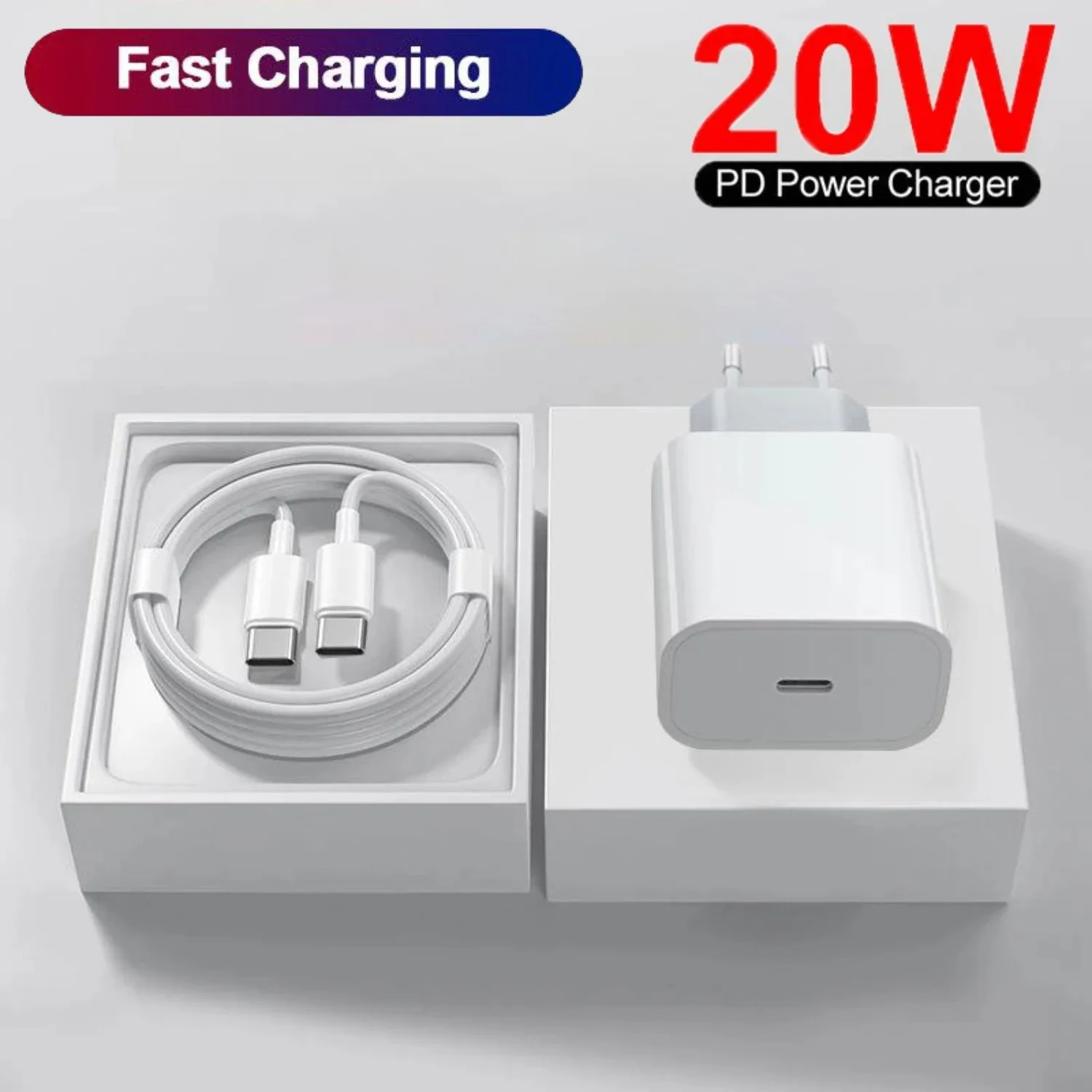 PD 20W Fast Charging EU Charger Plug with 1M/3FT Cable for iPhone iPad Samsung Phone