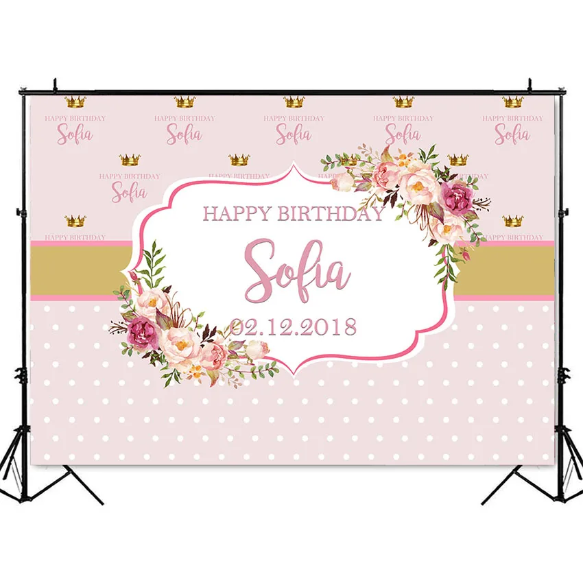 Pink Flower Gold Glitter Photography Backdrop Polka Dots Girls Happy Birthday Backgrounds Photo Floral Photocall Royal Crown