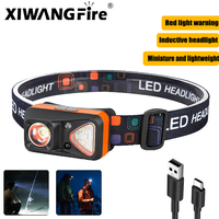 Portable mini sensor COB LED headlight, USB rechargeable, built-in battery, red light warning, suitable for various occasions