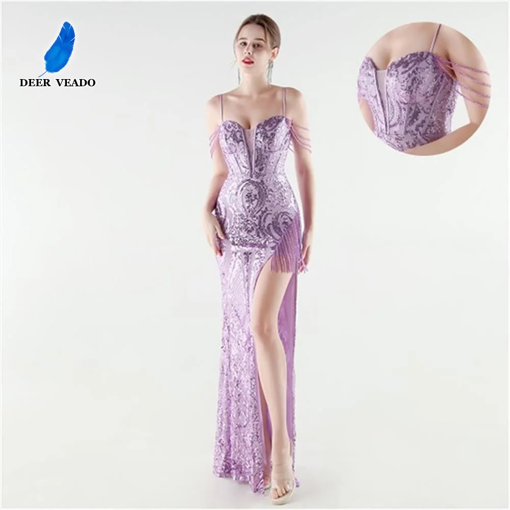 

DEERVEADO 8 Colors Sexy High Slit Evening Party Dresses with Beads Women's Mermaid Strap Formal Occasion Dress Gala Gowns