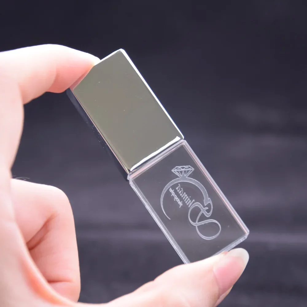 20 teile/los kostenlose benutzer definierte Logo transparentes Glas mit LED USB 2.0 4GB 16GB 32GB 64GB USB-Flash-Laufwerke für Fotografie Penderive