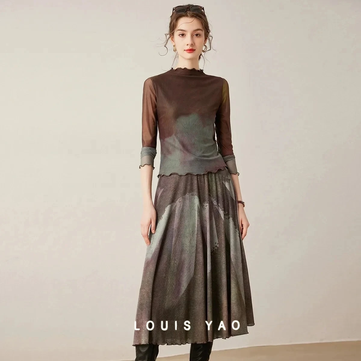 

Half High Neck Printed Dress Set Casual Slim Two Piece Long Sleeve Long Skirt Women's Set Female Clothing Spring New 2025