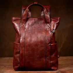 New vintage handmade patina backpack, Japanese style large capacity leather laptop bag for men and women