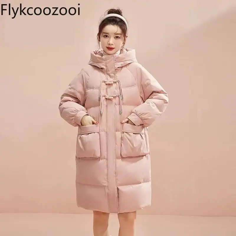 2024 Women's Mid-length New Style Loose Horn Button Jacket Winter Hot Style Slim Thickened Long Winter Coat Women