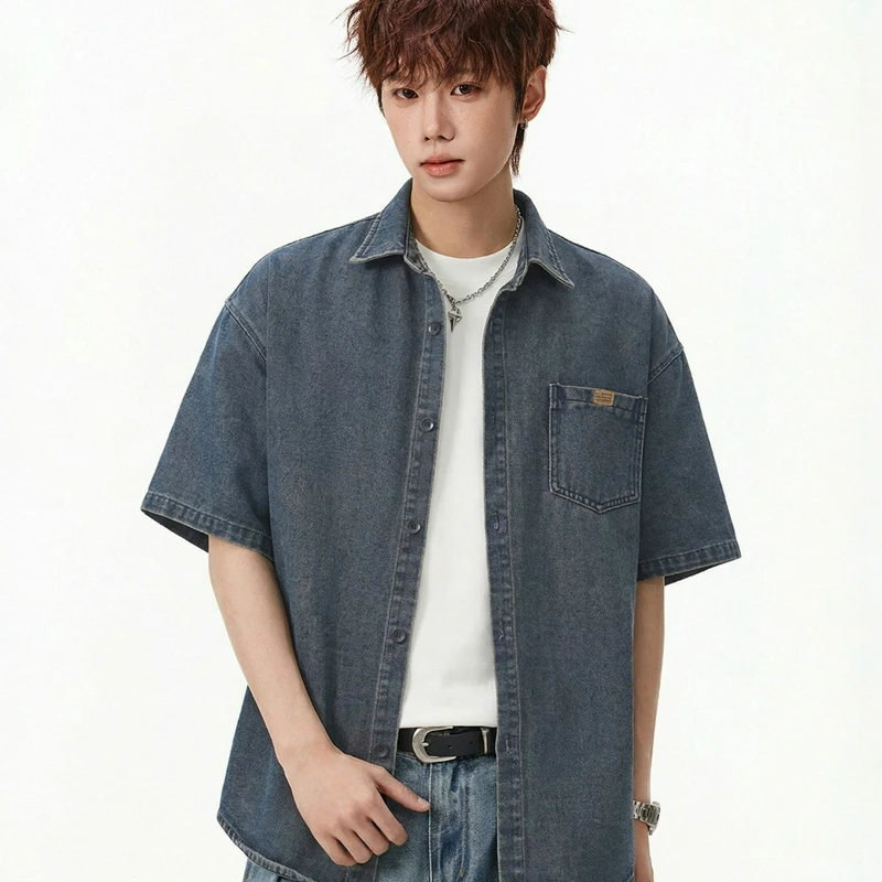 2026 Spring/Summer New Fashionable Japanese Loose Casual Distressed Shirt Jacket Retro Washed Denim Short-sleeved Shirt Men's