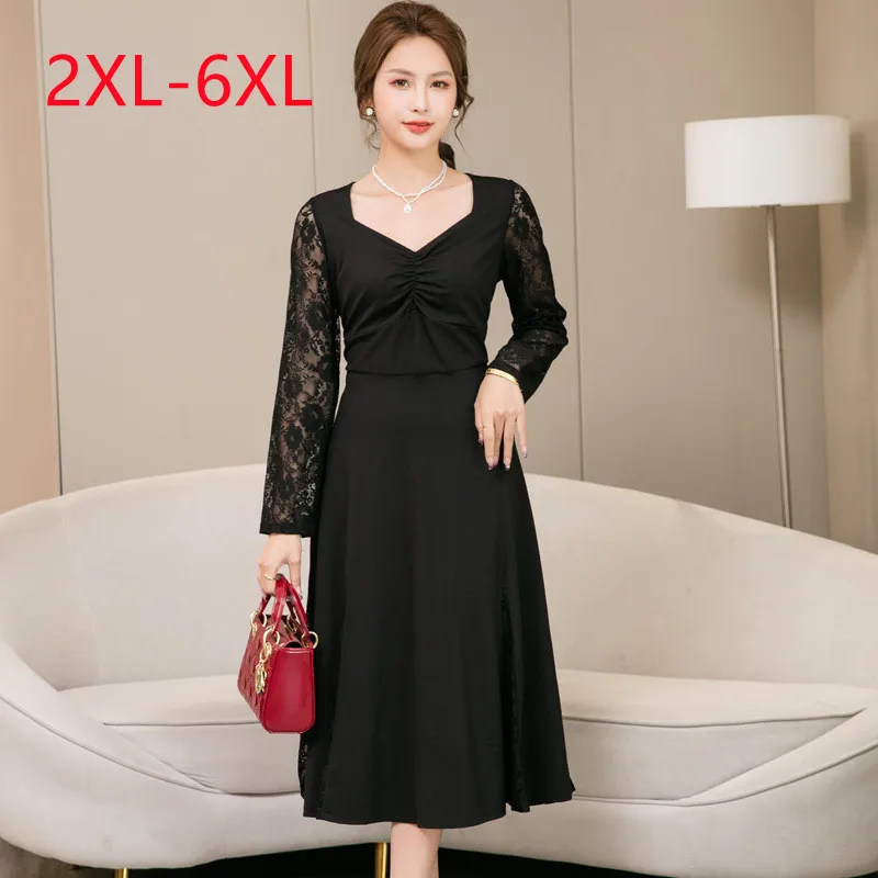 New 2023 Ladies Spring Autumn Plus Size Midi Dress For Women Large Size Long Sleeve V-neck Lace Dress 2XL 3XL 4XL 5XL 6XL