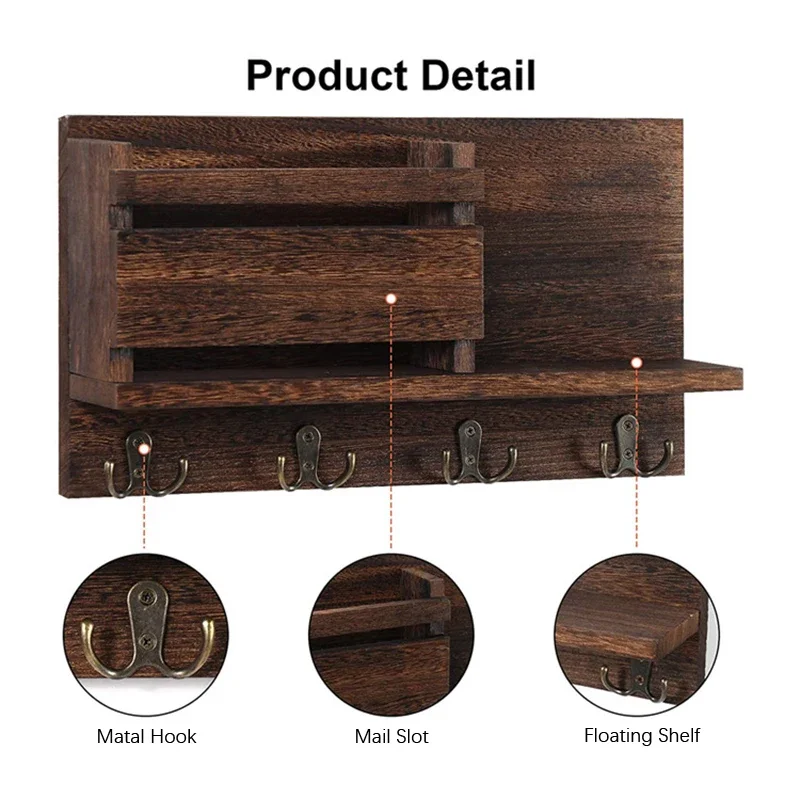 Mail Sorting Shelf with Keys Hangers Wall Mounted Wood Holder Tray Vintage Home Decor Hallway Storage Clothes Towel Bag Umbrella