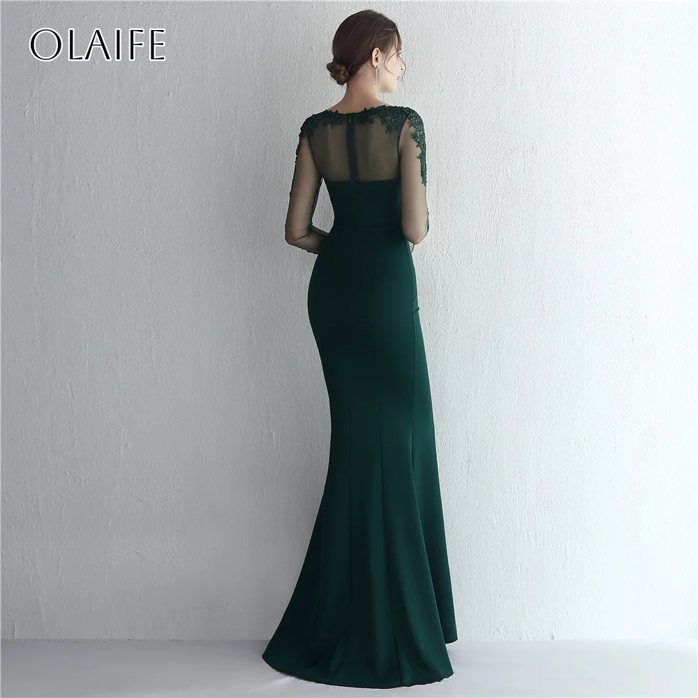 Appliques gaine manches longues Satin robes de soirée longueur de plancher personnalisé vestidos de fiesta élégantes