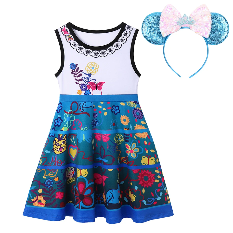 Disney Girls Princess Mermaid Jasmine Elsa Anna Summer Dress for Kids Cotton Casual Dress Isabella Mirabel Rapunzel Clothing