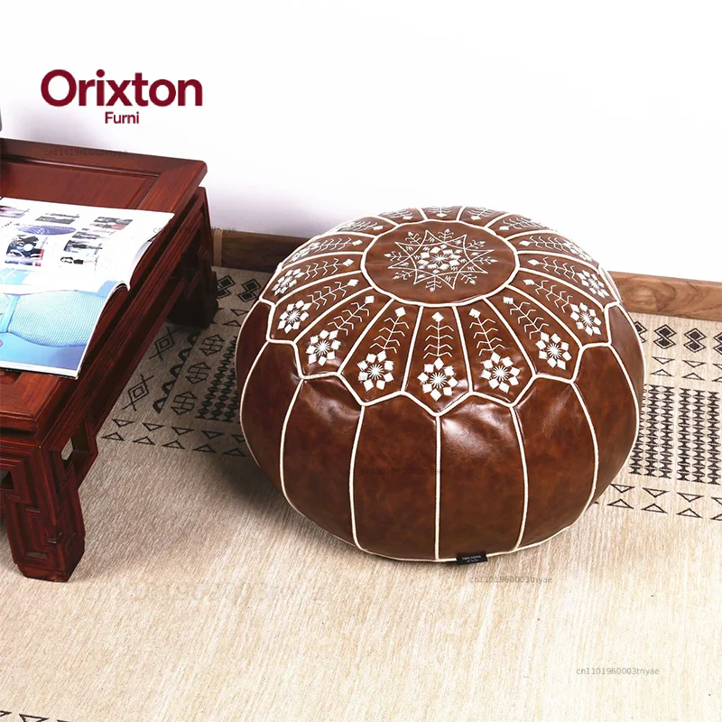 Home Decor Moroccan PU Leather Pouf Embroider Craft Ottoman Footstool Mediterranean Style Artificial Leather Unstuffed Cushion