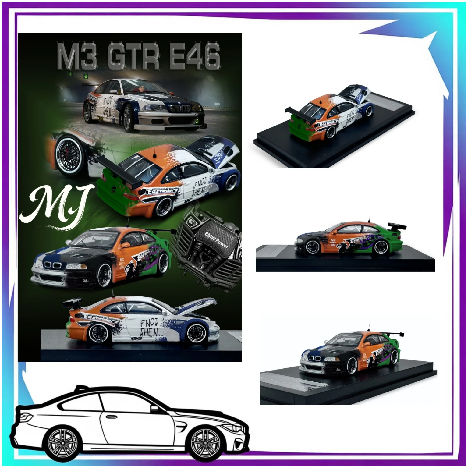 MJ 1:64 BMW M3 E46 Necesita velocidad ​ ​ pintura de ensamblaje, capó se puede abrir, modelo de coche de aleación con detalles de motor.