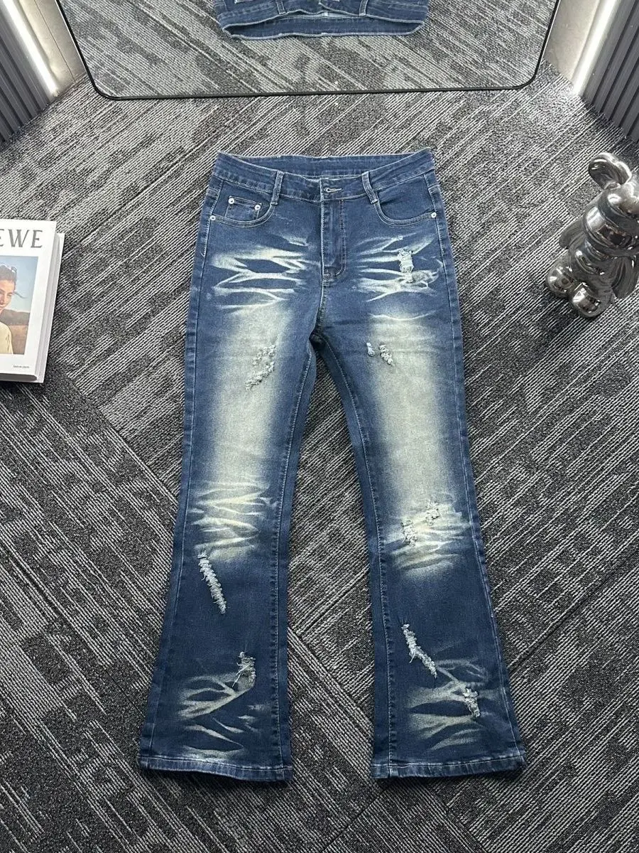 

Retro Cleanfit Style Men's Jeans with Embroidery Micro Flare Hole Punch Elastic Denim Pants Autumn Season Loose Fit