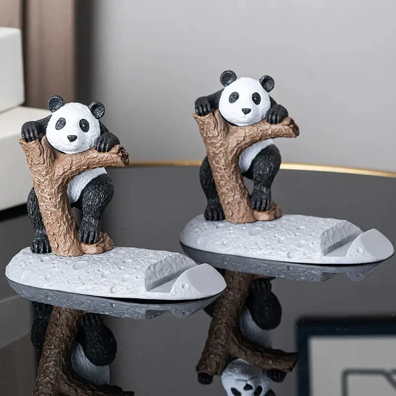 Cartoon Black White Panda Tree Phone Stand, Textured Resin Decorative Figurine, Ergonomic View Angle Mobile Accessory,Home Decor