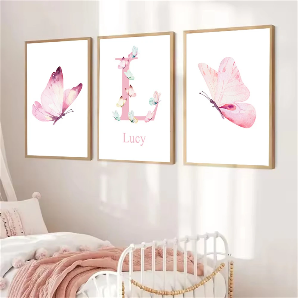 Pink Butterfly Custom Name Poster Canvas Painting Wall Art Nordic Posters and Prints Nursery Wall Pictures Baby Girl Room Decor