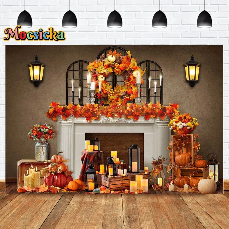 

Mocsicka Autumn Photography Backdrops Fireplace Pumpkin Backgrounds Customisable Banners Adult Kids Party Portraits Photo Props