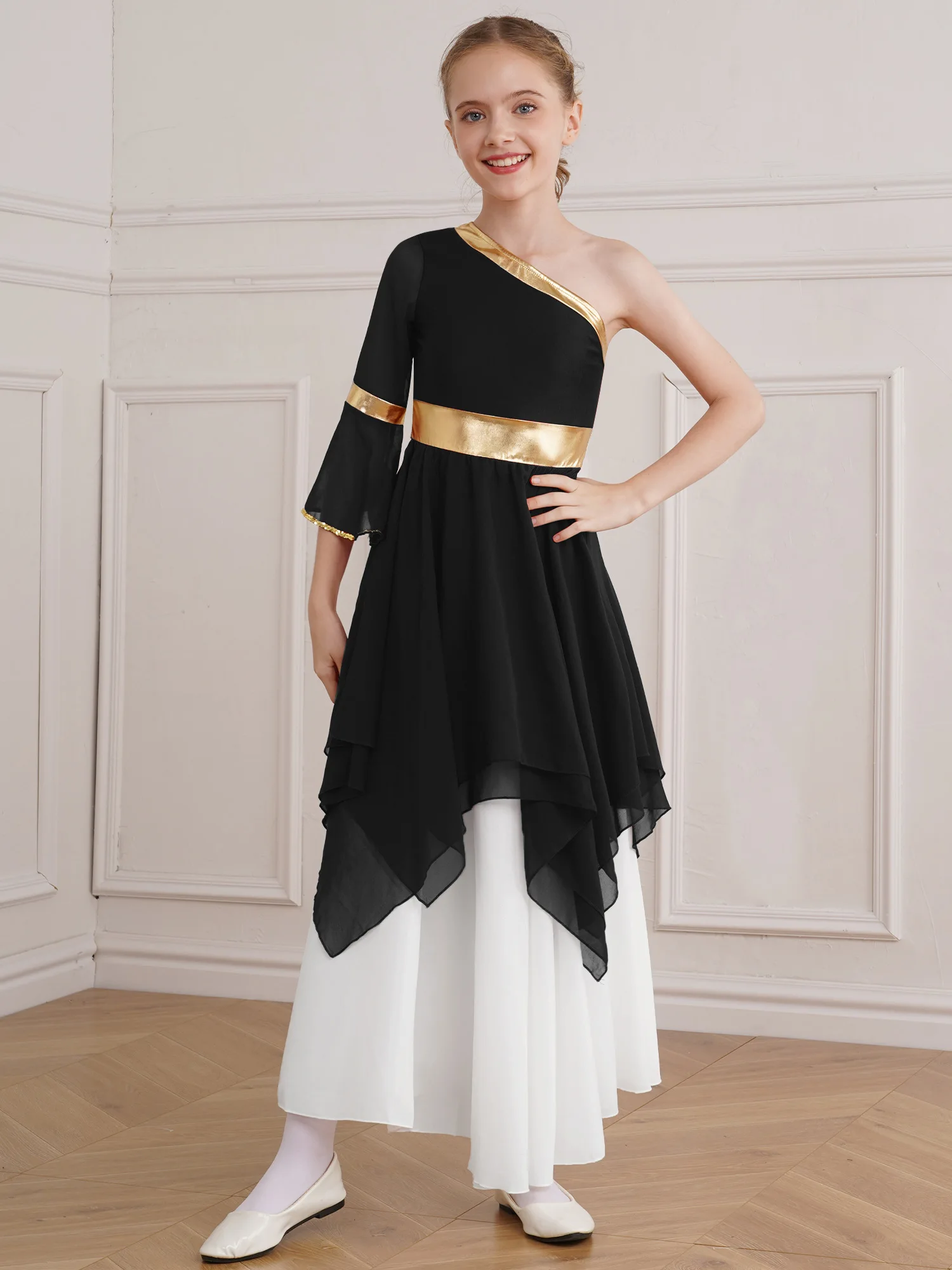 Kids Girls One Shoulder Praise Ballet Lyrical Dance Costume Worship Dress Celebration Irregular Hem Liturgical Dancing Dresses