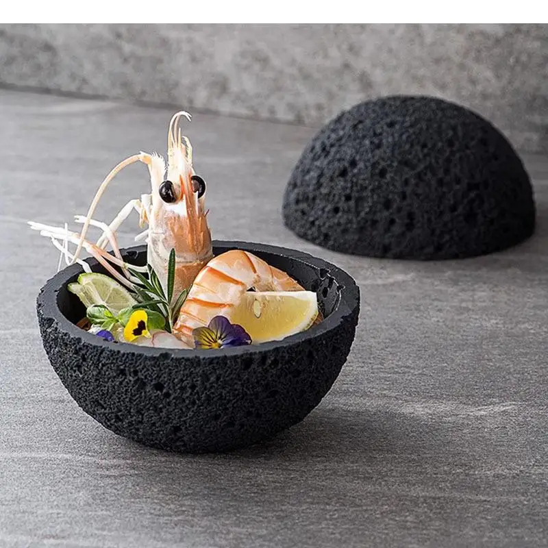 Meteorite Texture Ceramic Bowl with Lid Dessert Snack Sushi Dry Ice Bowls Restaurant Specialty Tableware