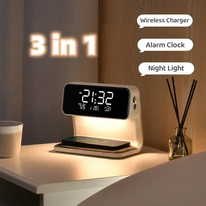 Creative 3 in 1 Bedside Lamp Wireless Charging LCD Screen Alarm Clock Wireless Phone Charger for Iphone Decoration