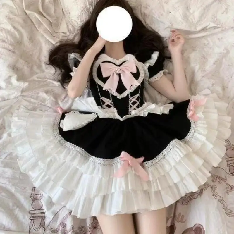 

Student Lolita Short Sleeve Bow Dress Teenager Japanese Dress Soft Girl Poncho Dress Princess Dress Anime Role Play Dress Dress
