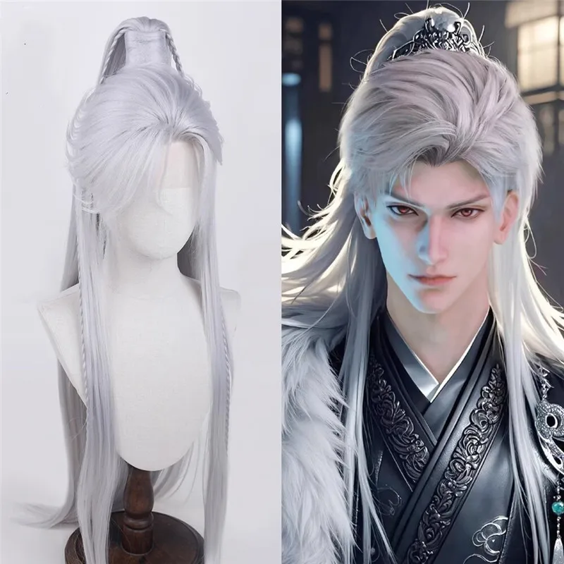 วิกผมคอสเพลย์สีเงินขาว รุ่น Love And Deepspace Relentless Conqueror ของ Sylus Cos  สำหรับคอสเพลย์อนิเมะ  แบบยาว  สามารถปรับแต่งได้  สำหรับผู้ชาย  ระดับมืออาชีพ