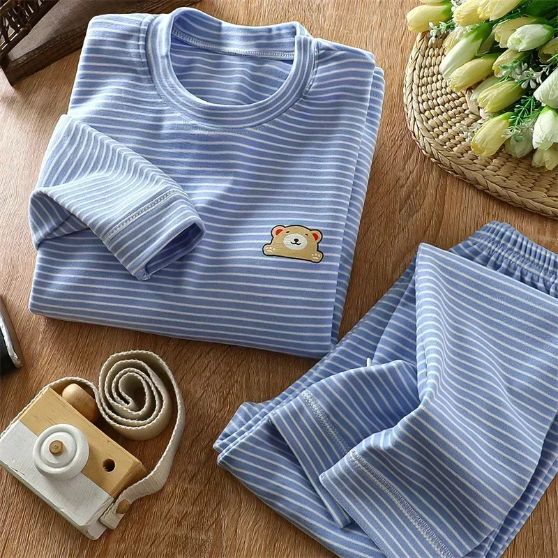 Children's Pajamas Sets Thickened Warm Sleepwear Kids Stripe Baby Clothes Set Boys Girls Thermal Underwear Velvet Baby Homewear