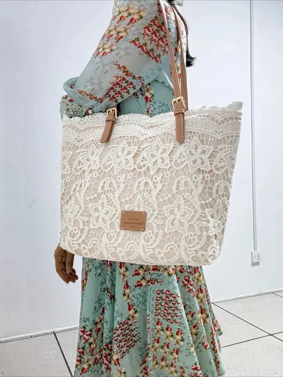 

Luxury Summer Beach Bag Women's Large Capacity Lace Tote Shoulder Bag French Style Handheld for Ladies 2025 New
