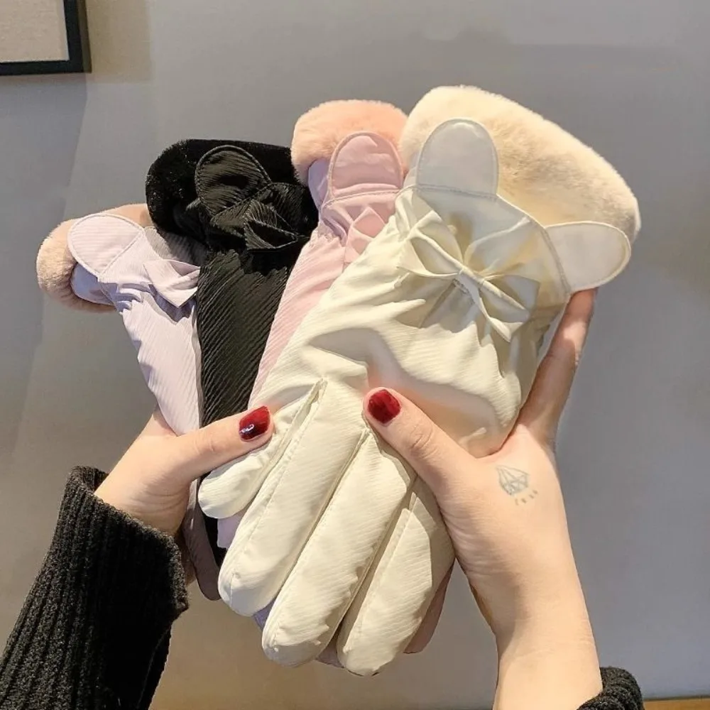 

Gift Down Cotton Bow Anti-cold Mittens Soft Touch Screen Plush Thickened Gloves Waterproof Swen Ears Finger Mittens Autumn