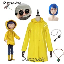 Coraline Cosplay Costume Set Yellow Rain Coat Short Blue Wig Dragonfly Hairclip Key Necklace Button Glasses Movie Costumized