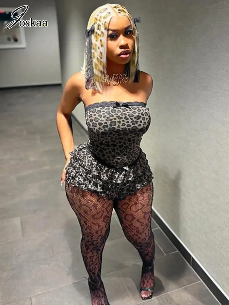 

Joskaa Lace Spliced Leopard Print 2 Piece Sets Women Sexy Mesh Strapless Tops and Tiered Shorts 2025 Summer Y2K Streetwear