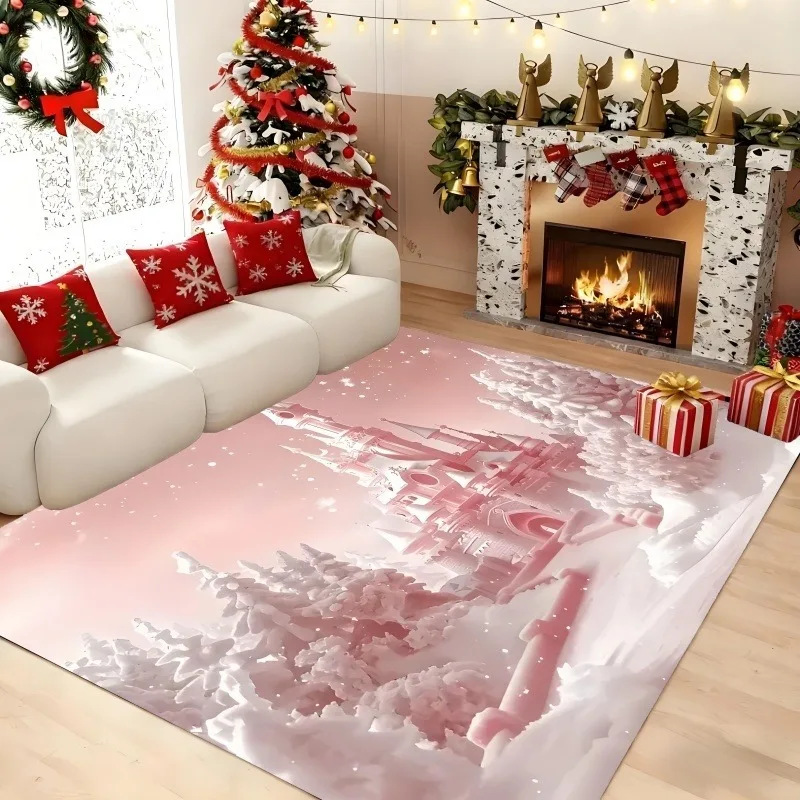 Pink Snow Castle Christmas Area Rug Snowy Winter Building Pine Tree Art Print Large Floor Mat Festive Holiday Home Decor Carpet