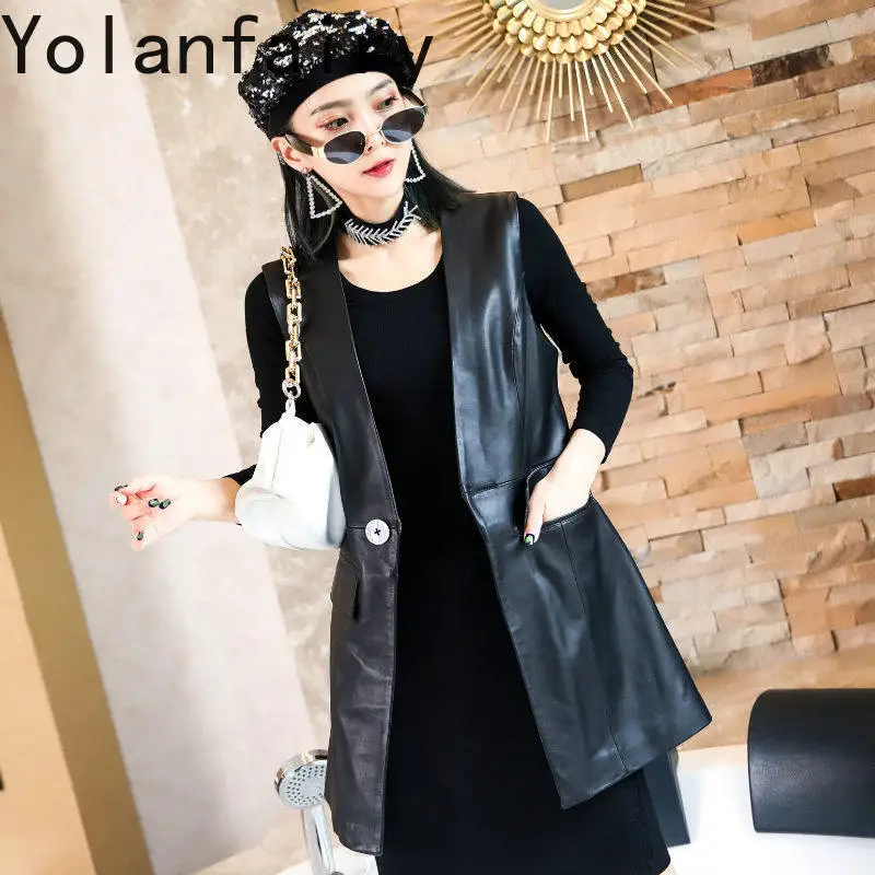YOLANFAIRY 2026 Autumn New Women Slim Fit Mid Length Waistcoat Suit Collar Genuine Sheepskin Versatile Sleeveless Outer Gilet