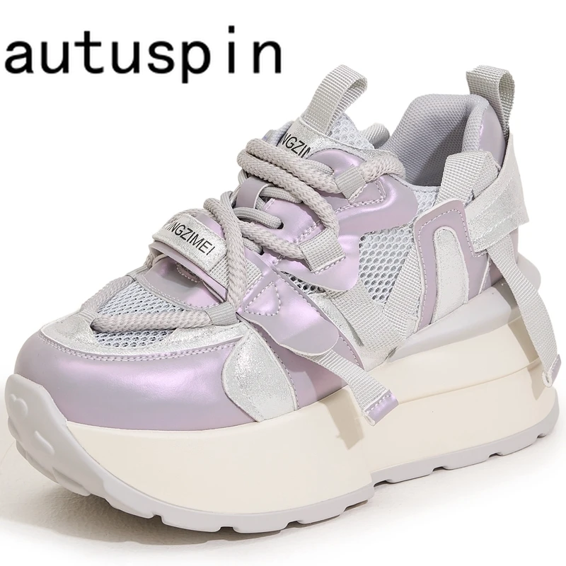 

AUTUSPIN 8cm Fashion Thick Sole Women Shoes Summer Outdoors Breathable Mesh Splicing Leather Casual Sneakers Platform Chunky