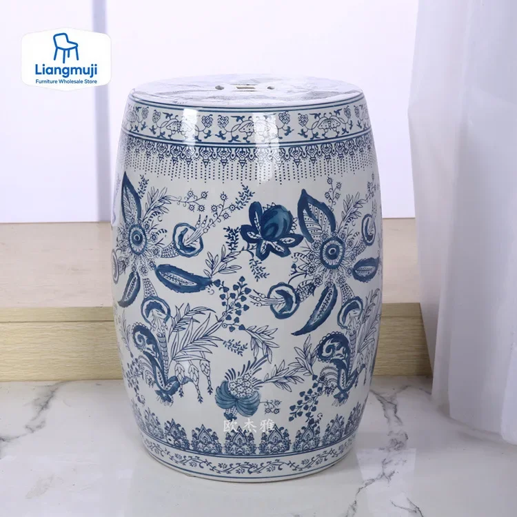 Ceramic Shoe Changing Stool Drum Bathroom Neoclassical Drum Stool Sitting Low Stool Round Designer Furniture Office Footrest