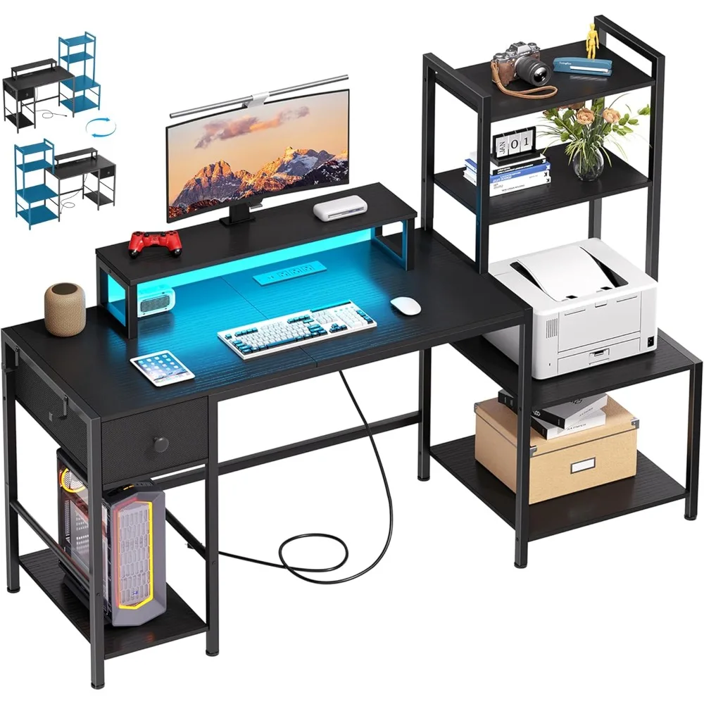 

Computer Desk with Printer Shelf and Power Outlets, 59" Office Desk with Reversible Storage Shelves, Monitor Stand and Drawers,