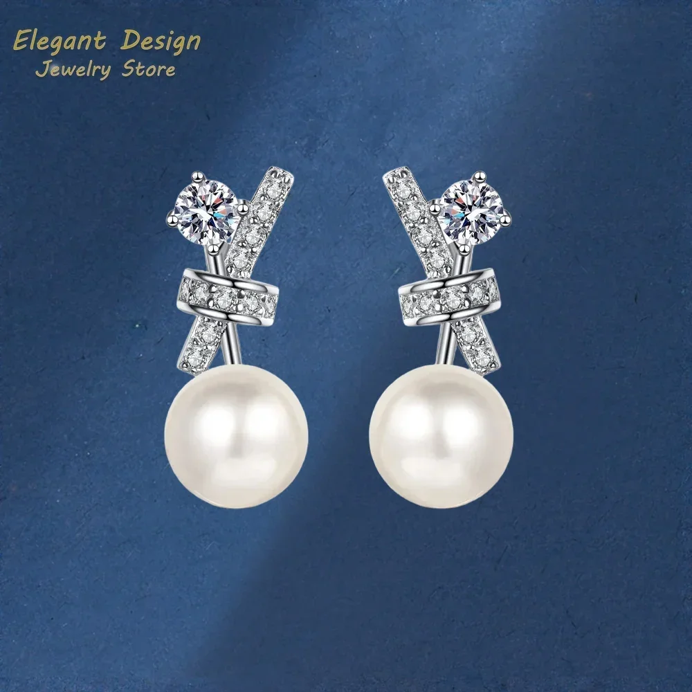 72 Points Moissanite Diamond PT950 Stud Earrings, Cross Style Platinum Earrings with Freshwater Pearl for Women Jewelry Gifts