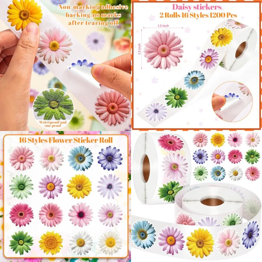 

1200 PCS Cute Daisy Flower Stickers Roll with 16 Unique Styles for ' Creative Projects Ideal for Scrapbooking Water Bottle Deco