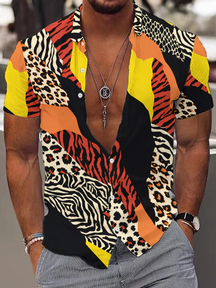 High Street Loose Casual Men's Shirts Summer Fashion Comfortable Short Sleeve Shirt Leopard 3d Digital Printing Shirt Clothing