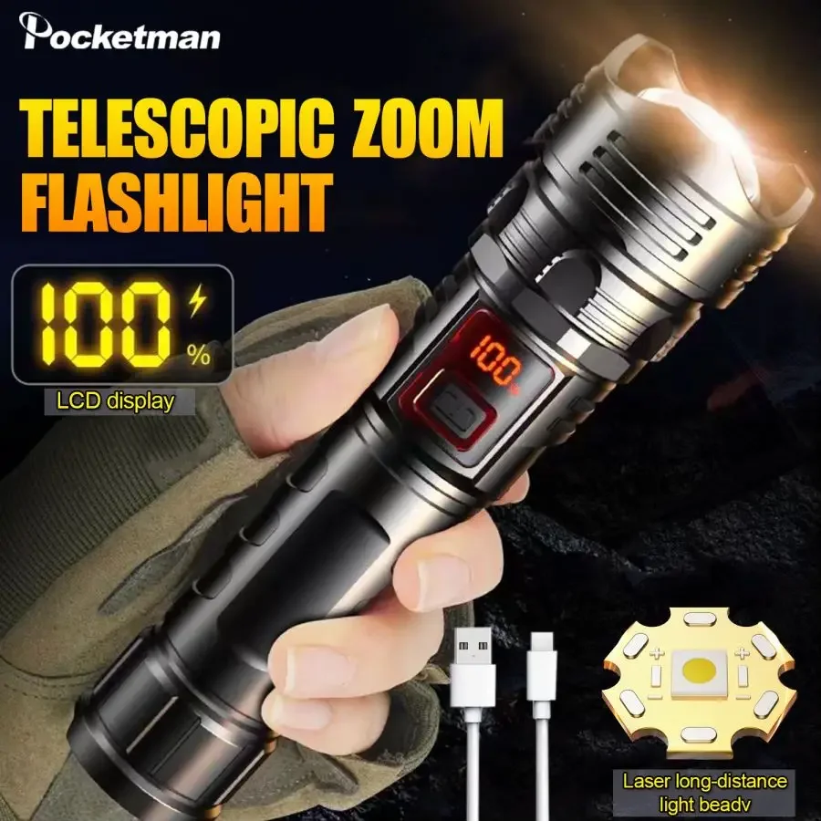 

Most Powerful LED Flashlight USB Rechargeable Super Bright Flashlights Zoomable Torch Portable Emegency Light