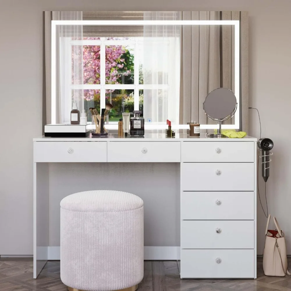 Brielle Large Makeup Vanity Desk with Dimmable LED, 2 Bluetooth Speakers, USB Type C & Type A, 110 V Power Outlet, 7