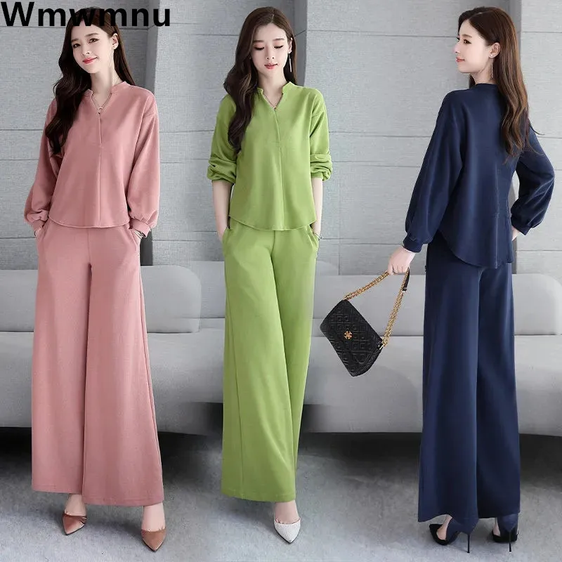 

Elegant Chic V-neck Women 2 Piece Set Spring Summer Casual Loose Solid Tops Conjuntos Korean Trend Baggy Wide Leg Pants Ensemble