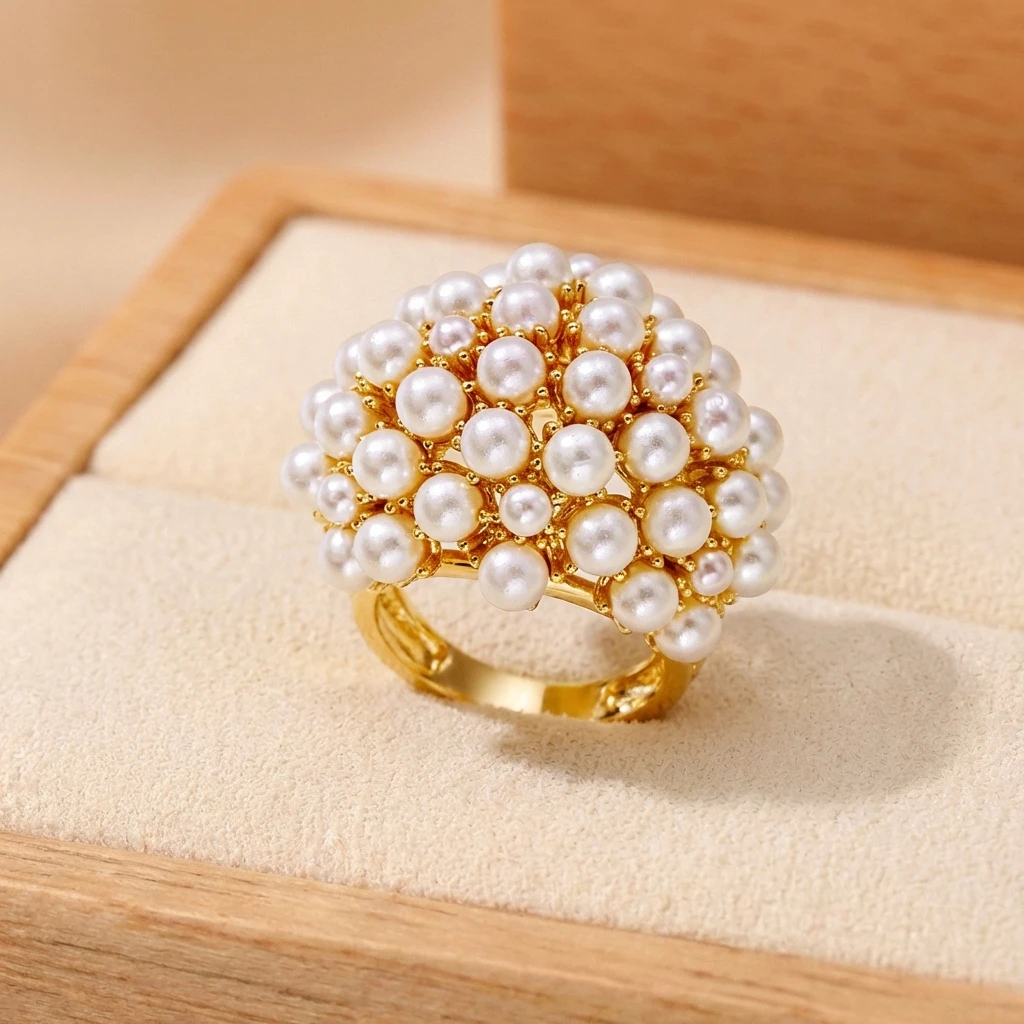 Old Money Perlen-Blumencluster Cocktailring für Damen, Massiver Messingring mit Hohldesign, Eleganter Abendparty-Schmuck, Statement-Stück – Detail 5