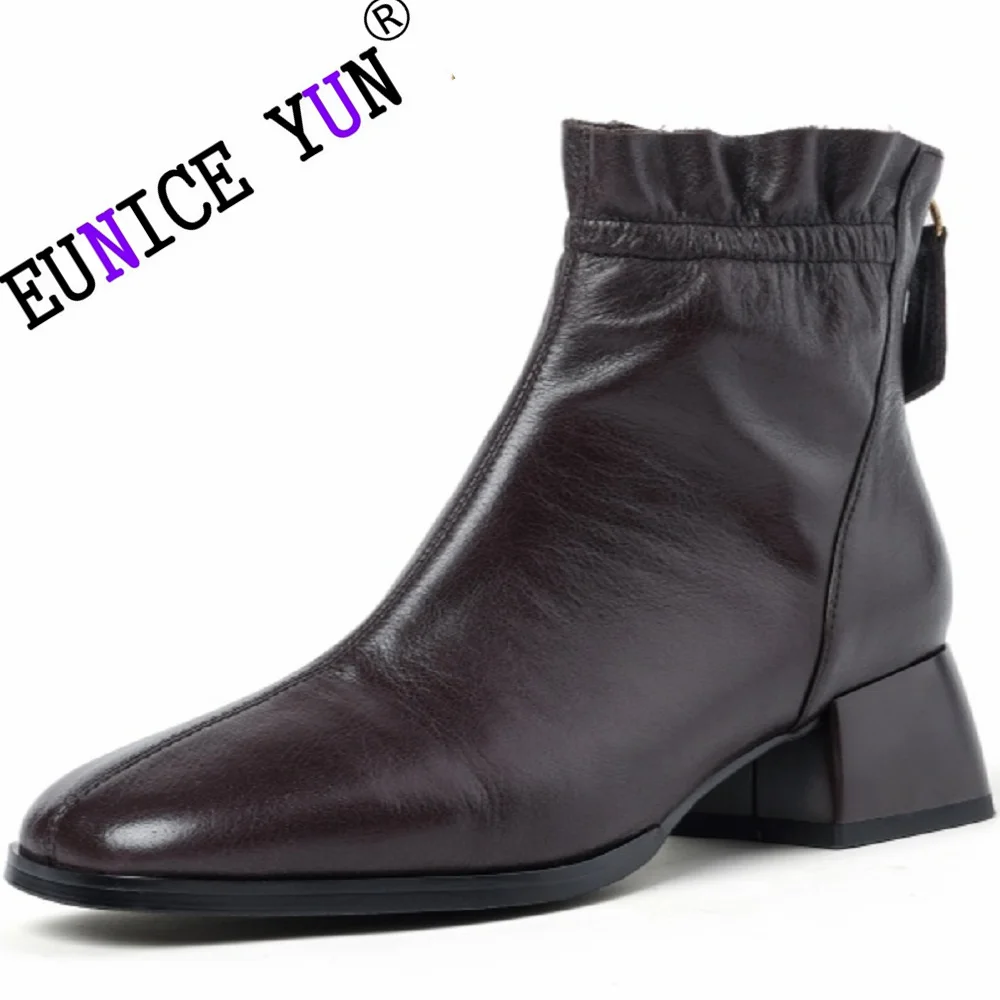 【EUNICE YUN】Handmade Genuine Leather Ankle Boot Soft Leather Chunky High Heels Shoes Casual Office Dress 34-40