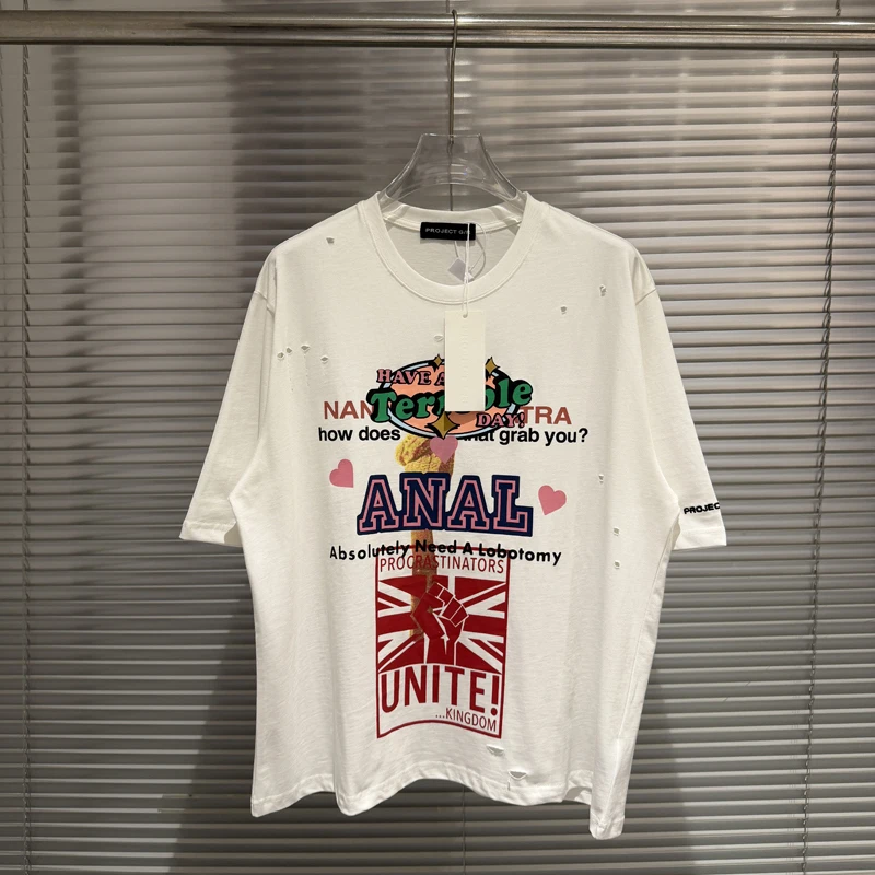 PROJECT Hole Damaged Fist Flag Print T Shirt Men Women Vintage Washed Loose Short Sleeve Tops T-shirt