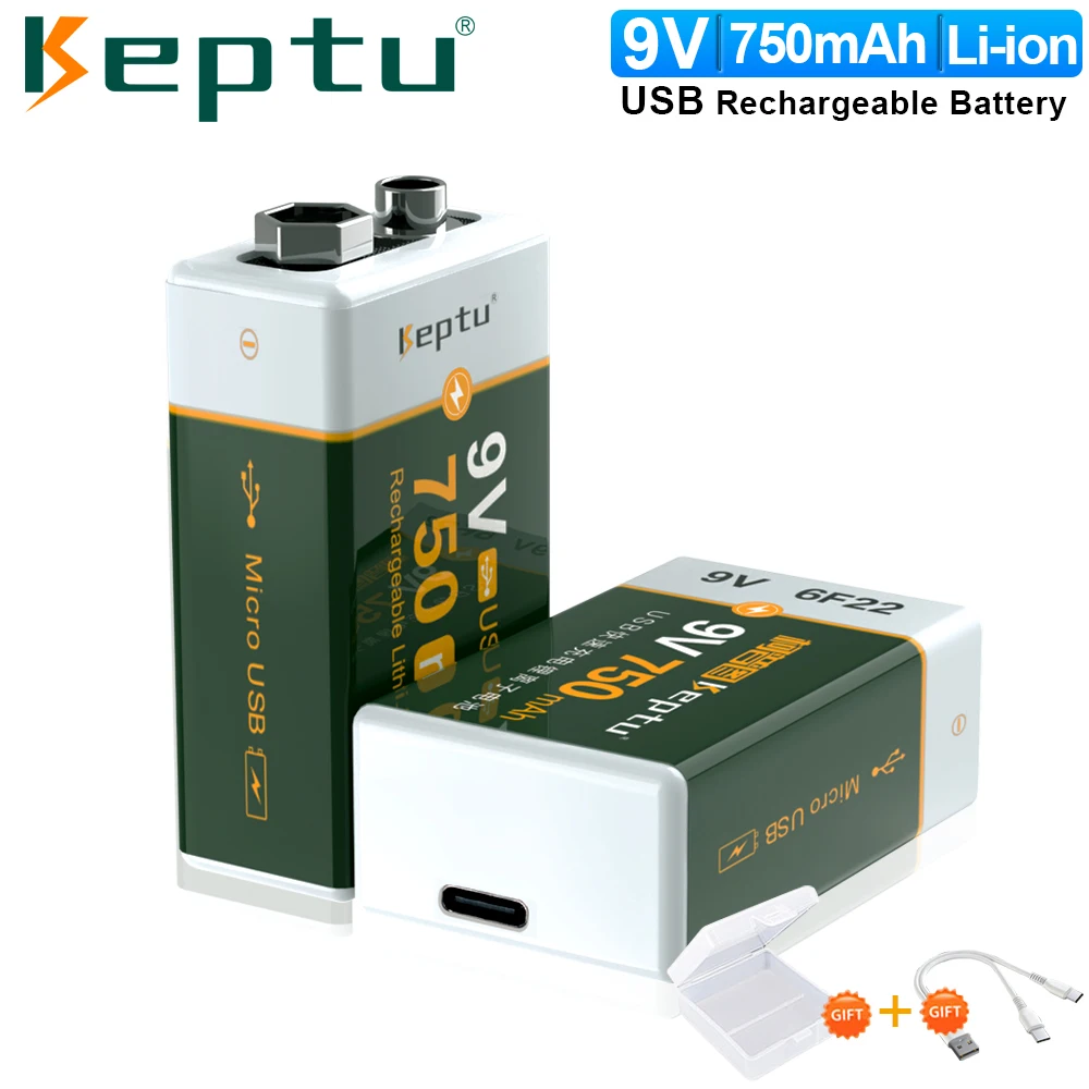 

KEPTU 2-16pcs 9V Li-ion rechargeable battery 750mAh USB 9v Type-C Charging for Metal Detector Microphones