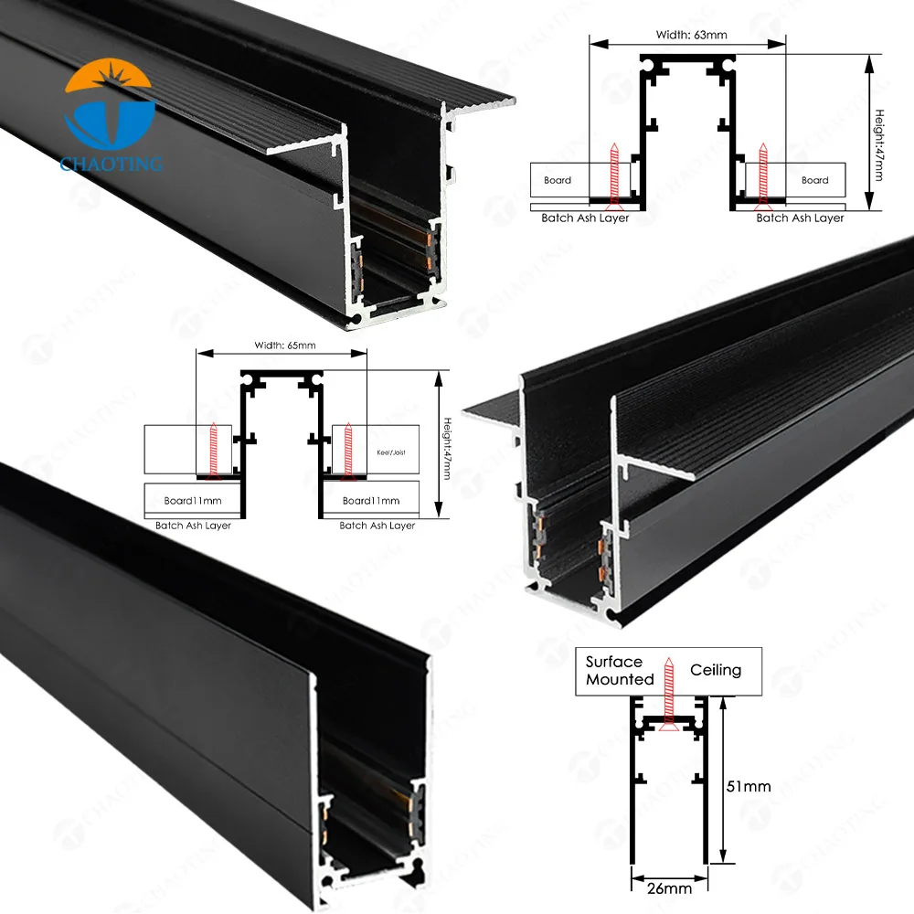 Surface suspension Ceiling Recessed Mounted 1.0 M 48V Magnet Track LED Indoor Lighting Embedded Aluminum LED Magnetic Track Rail