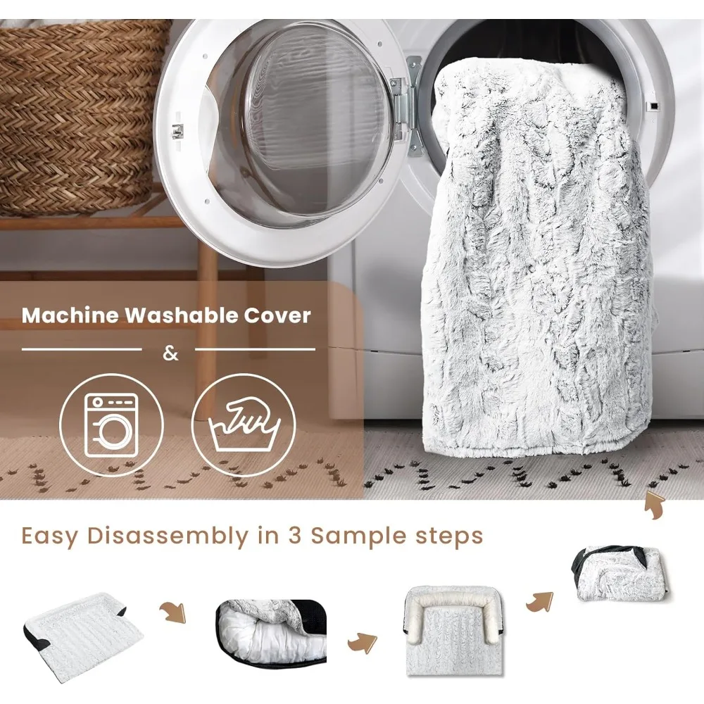 Extra Large Calming Dog Bed for Couch Washable Non-Slip Sofa Mat Fluffy Plush Pet Furniture Protector Cover Grey 45x37