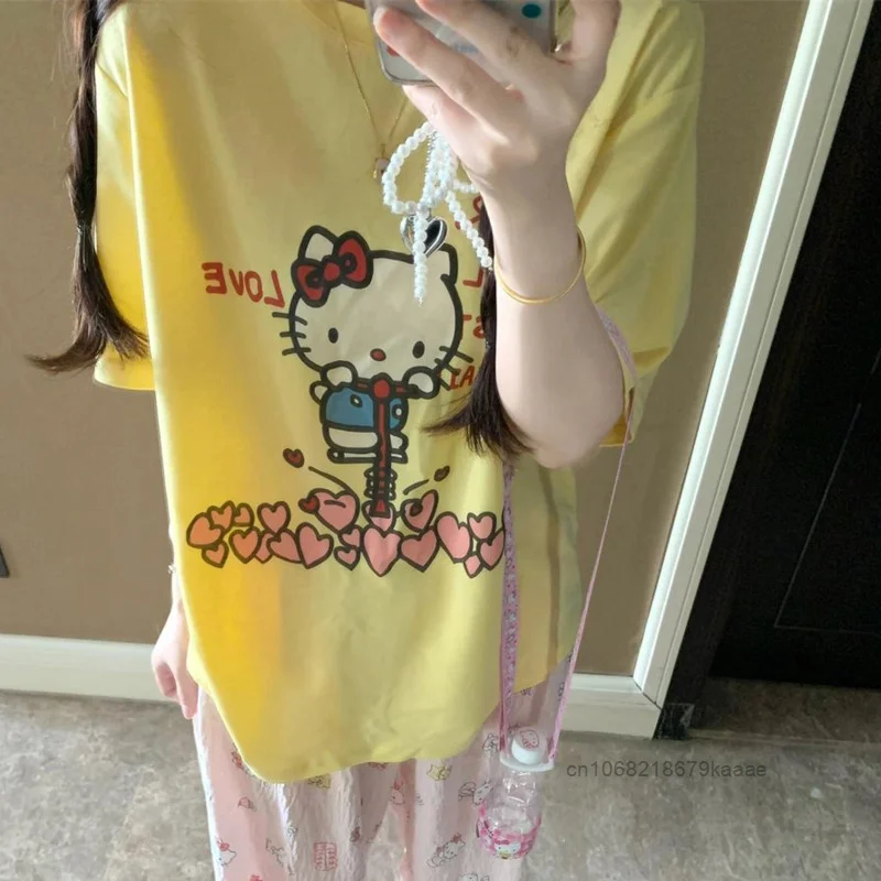 Sanrio Hello Kitty Pure Cotton T-shirt Sweet Lovely Y2k Girl Cute Cat Printed T-shirt Female\'s Summer Loose Casual Versatile Top