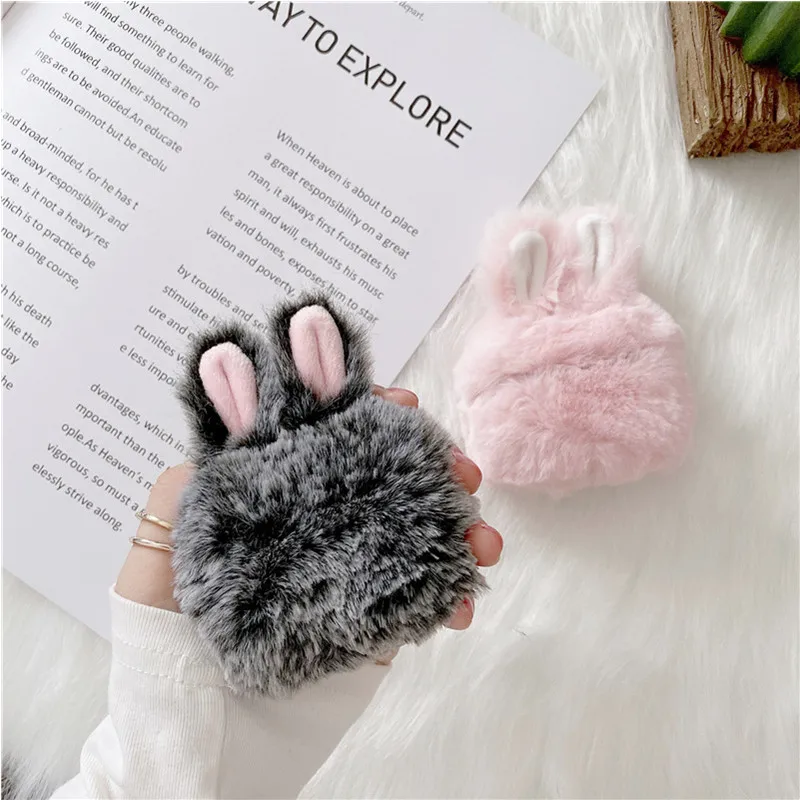 3D Cute Rabbit Ear Fur Earphone Case for Airpods 3 2 1 Pro2 Funny Fluffy Plush Warm Cover for Air Pods Pro 2 with Keychain Hook