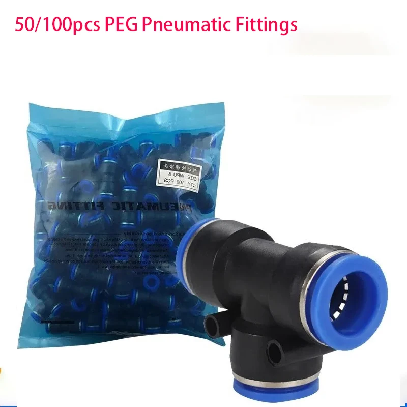 

50/100pcs PEG Pneumatic Fittings T Type 3-Way Slip Lock T Air Pipe 4/6/8/6-8/6-4mm Gas Plastic Quick Connectors