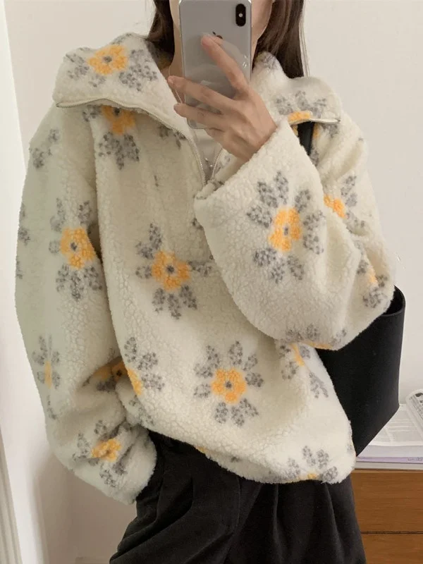 

Ретро-свитшот из искусственного меха с цветочным принтом, на молнии, свободного кроя, женский, шикарный, с длинными рукавами, модный зимний топ
